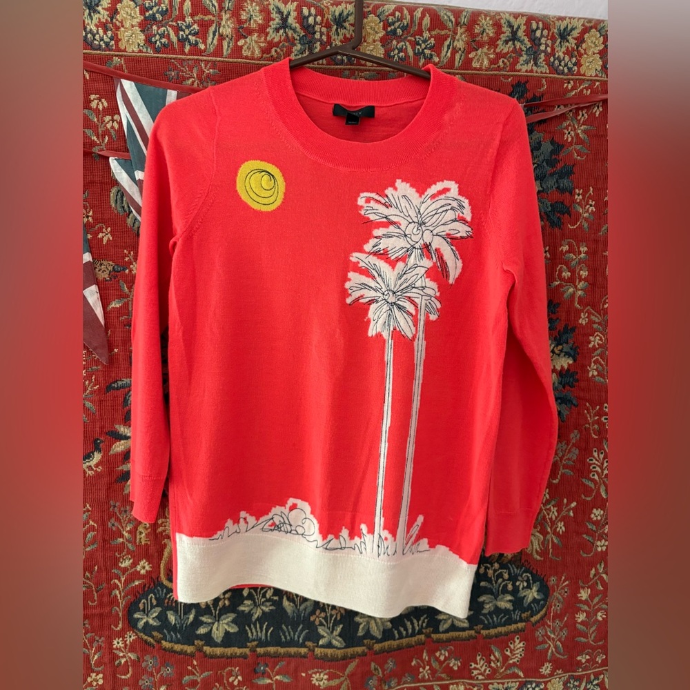 Women’s Neon Orange Red Palm-Print Crewneck Wool Blend Sweater Palm Springs Cool